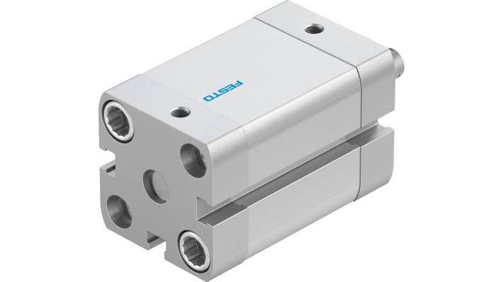 Cilindro pneumatico doppio effetto Festo ADN-25-25-A-P-A, foro 25 mm, corsa 25 mm, dimensioni 39.5 x 39.5 x 69.5 mm.