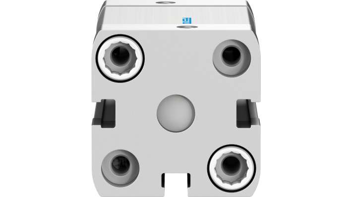 Cilindro pneumatico doppio effetto Festo ADN-25-25-A-P-A, foro 25 mm, corsa 25 mm, dimensioni 39.5 x 39.5 x 69.5 mm.