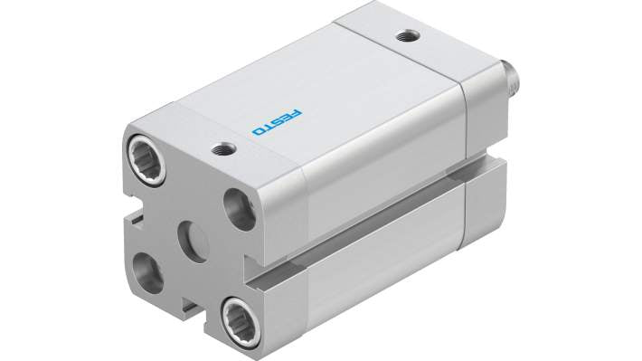 Cilindro pneumatico Festo ADN-25-30-A-P-A, doppio effetto, alesaggio 25 mm, corsa 30 mm, attacco M5, dimensioni 39.5 x 39.5 x 74.5 mm.