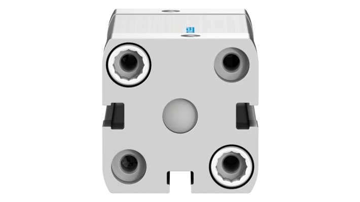 Cilindro pneumatico Festo ADN-25-30-A-P-A, doppio effetto, alesaggio 25 mm, corsa 30 mm, attacco M5, dimensioni 39.5 x 39.5 x 74.5 mm.