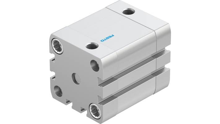 Cilindro pneumatico Festo ADN-40-25-A-P-A, doppio effetto, foro 40 mm, corsa 25 mm, montaggio flessibile, dimensioni 54.5 x 54.5 x 76.1 mm.