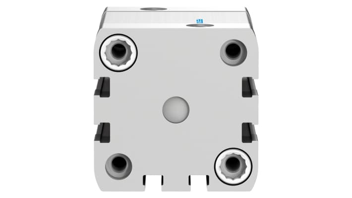 Cilindro pneumatico Festo ADN-40-25-A-P-A, doppio effetto, foro 40 mm, corsa 25 mm, montaggio flessibile, dimensioni 54.5 x 54.5 x 76.1 mm.