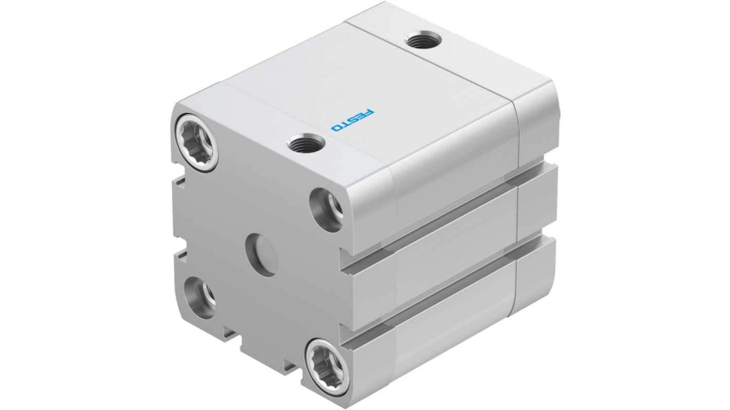 Cilindro pneumatico Festo ADN-50-30-A-P-A, doppio effetto, diametro 50 mm, corsa 30 mm, pressione max 10 bar. Dimensioni 65.5 x 65.5 x 82.7 mm.