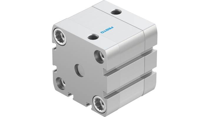 Cilindro pneumatico doppio effetto Festo ADN-50-15-I-P-A, foro 50 mm, corsa 15 mm, pressione massima 10 bar, dimensioni 65.5 x 65.5 x 67.7 mm.