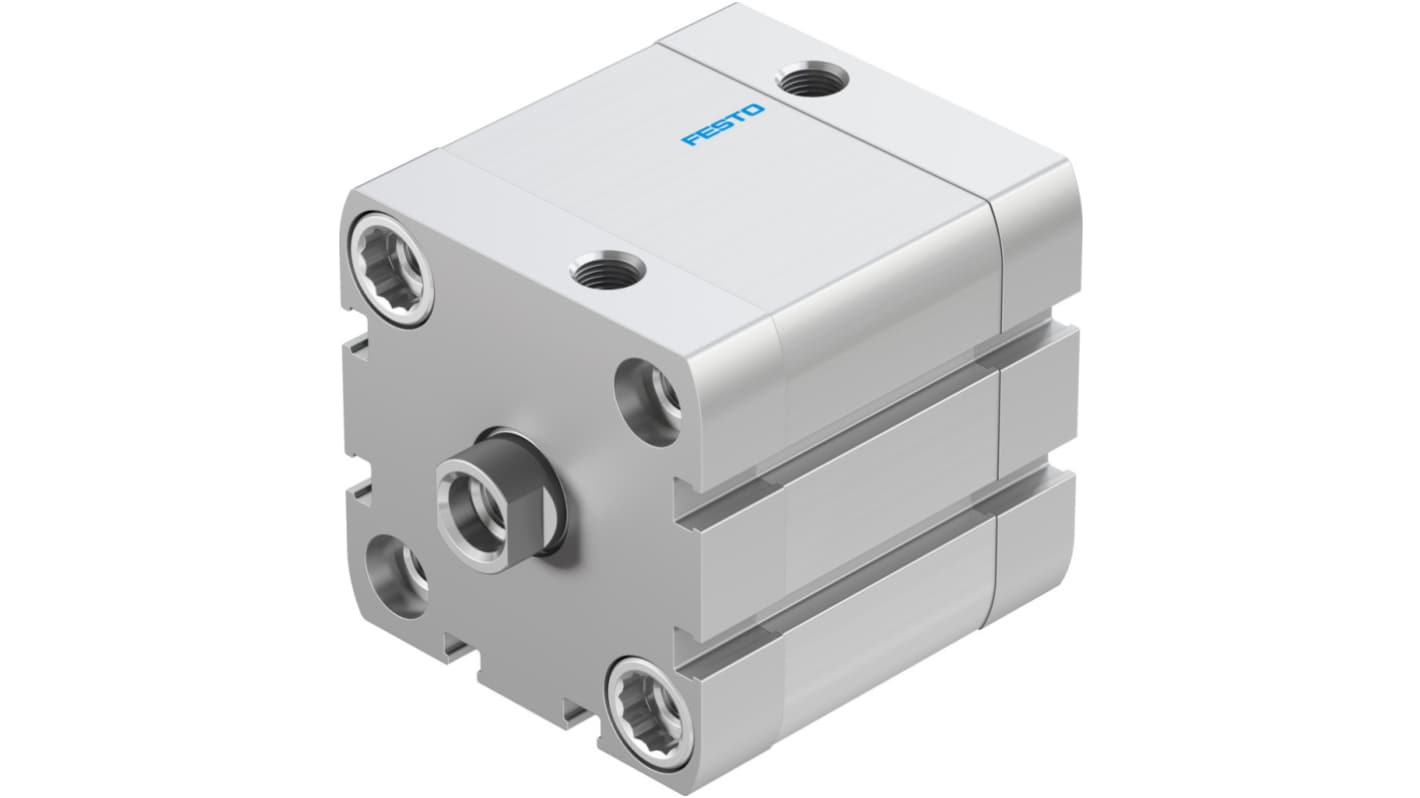 Cilindro pneumatico doppio effetto Festo ADN-50-25-I-P-A, alesaggio 50 mm, corsa 25 mm, pressione massima 10 bar. Dimensioni 65,5 x 65,5 x 77,7 mm.