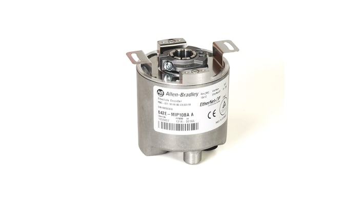 Encoder assoluto Allen Bradley 842E-MIP10BA, interfaccia Ethernet, risoluzione 18 bit, montaggio flangia, dimensioni 63x71.5 mm.