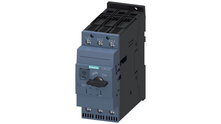 Interruttore automatico Siemens 3RV2031-4JA10, 54-65 A, 3 poli, montaggio su guida DIN, dimensioni 140 x 55 x 149 mm.