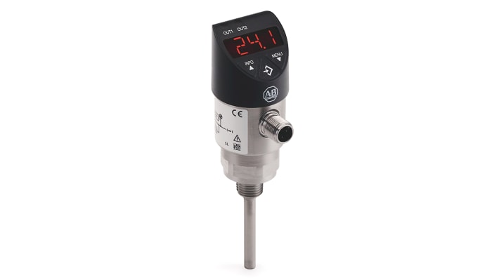 Allen Bradley 837T-D3N14A50PA-D4, sensore RTD PT1000 con sonda in acciaio inox, lunghezza 50 mm, interfaccia IO-Link, IP67.