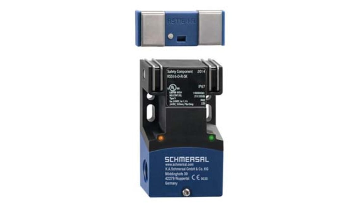 Interruttore di sicurezza RFID Schmersal RSS16-I2-D-R-SK, alimentazione 20,4-26,4 V cc, grado di protezione IP67, dimensioni 91 x 52 x 30 mm.