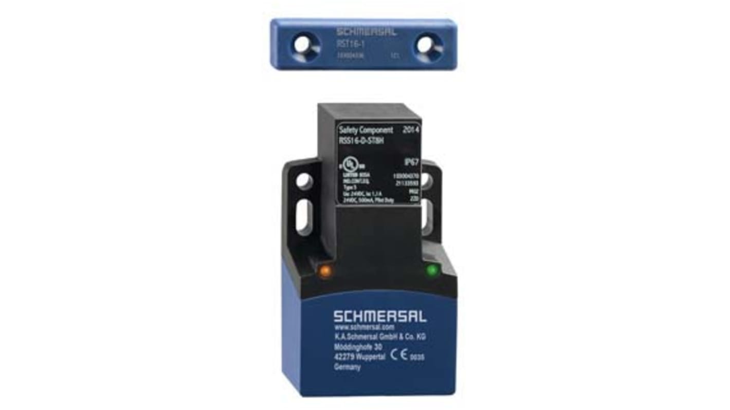 Interruttore di sicurezza Schmersal RSS16-I2-D-SK, senza contatto, IP67, alimentazione 26.4V cc, dimensioni 91 x 52 x 30 mm.