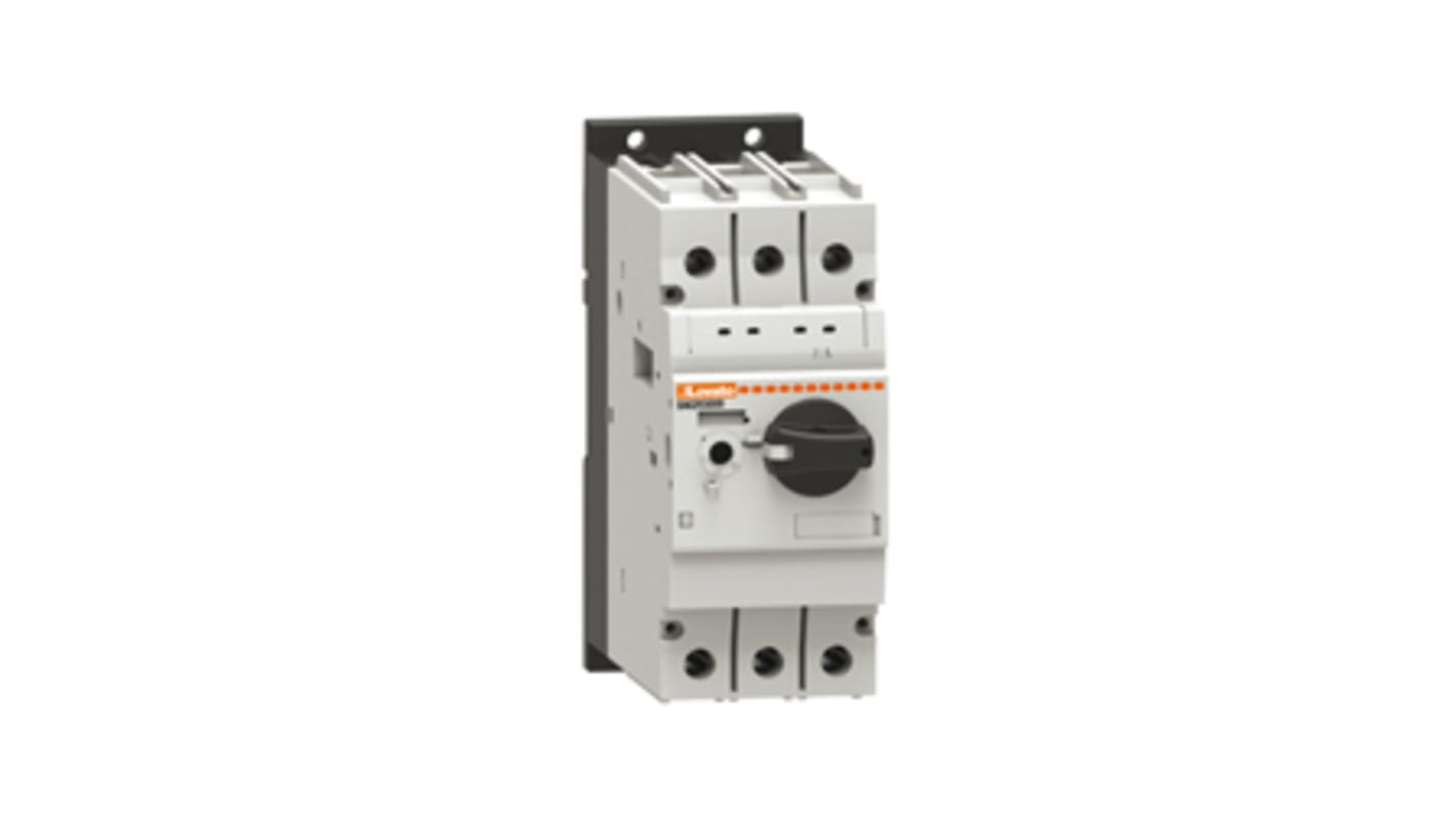 Interruttore automatico del motore Lovato SM2R5000, corrente nominale 35 a 50 A, tipo a manopola rotante, dimensioni 144.6 x 125 x 55 mm.