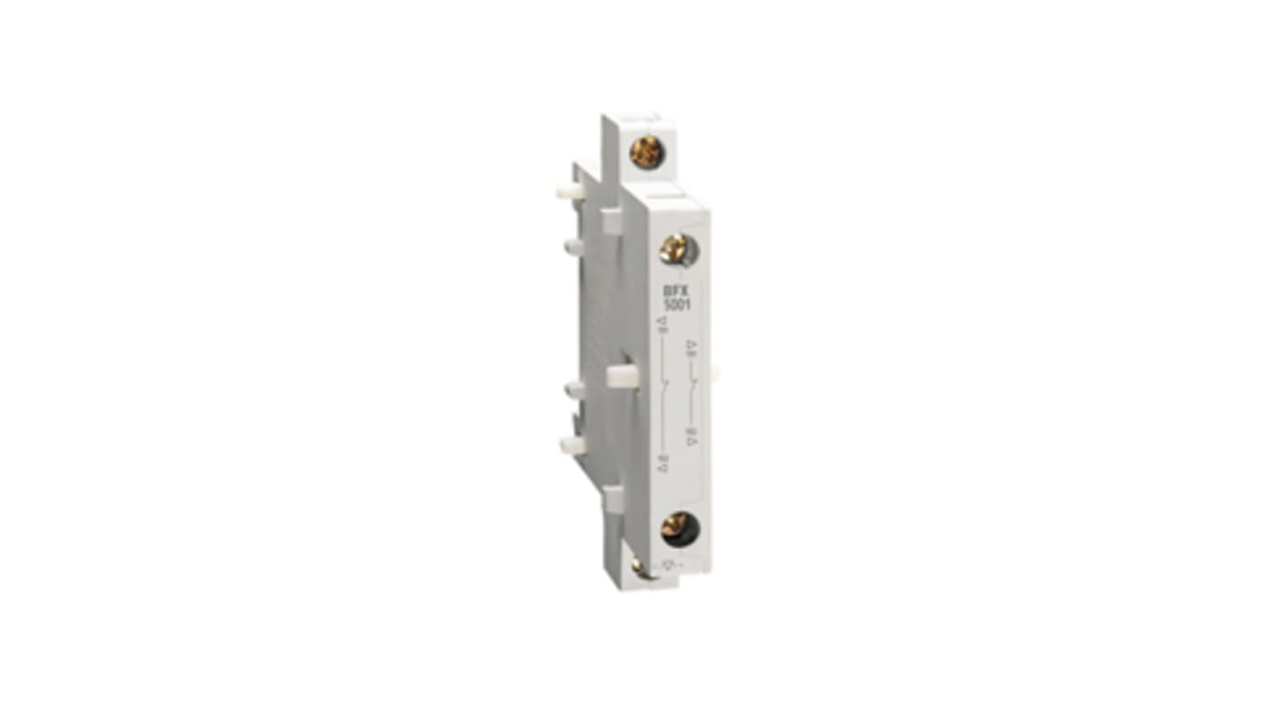 Interblocco meccanico Lovato BFX5301 per contattori BF40 e BF80, montaggio a scatto, profondità 5 mm, supporta fino a quattro contatti ausiliari.