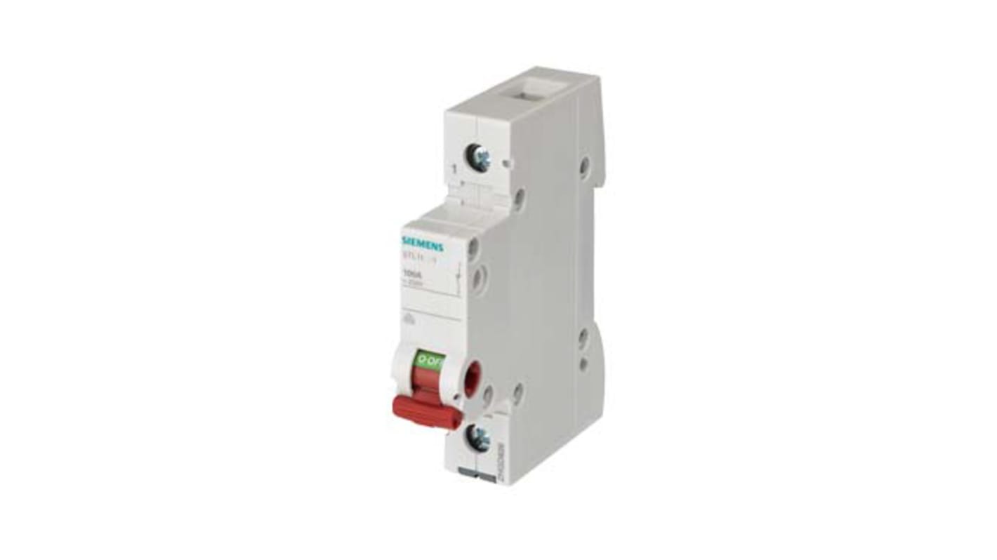 Interruttore di isolamento Siemens 5TL1163-1, 1P, 63A, 250V, maniglia rossa, attivazione manuale, dimensioni 18x74.5x89.8mm.