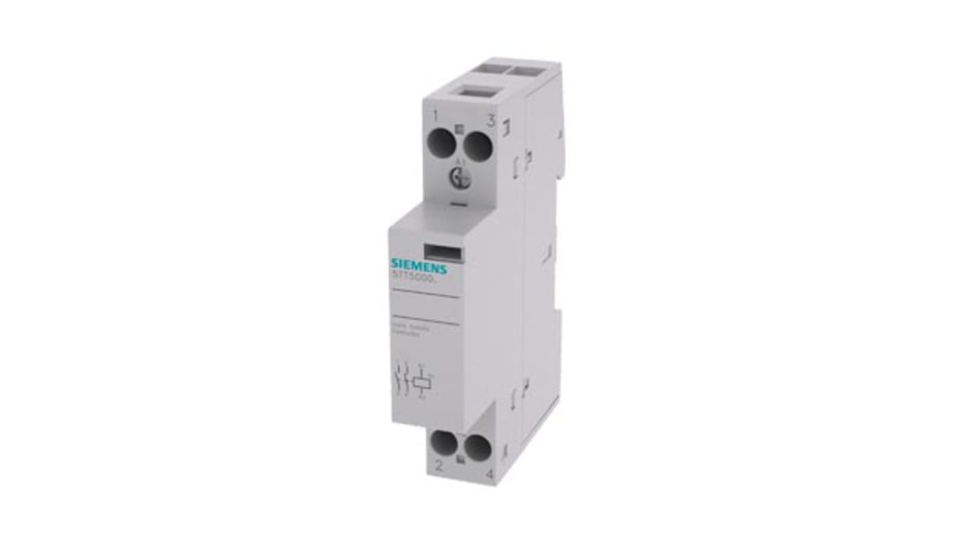 Contattore Siemens 5TT5000-0, 2 poli 2 NO, 20 A, bobina 230 V, montaggio su guida DIN, dimensioni 17.5 x 90 x 70.7 mm.