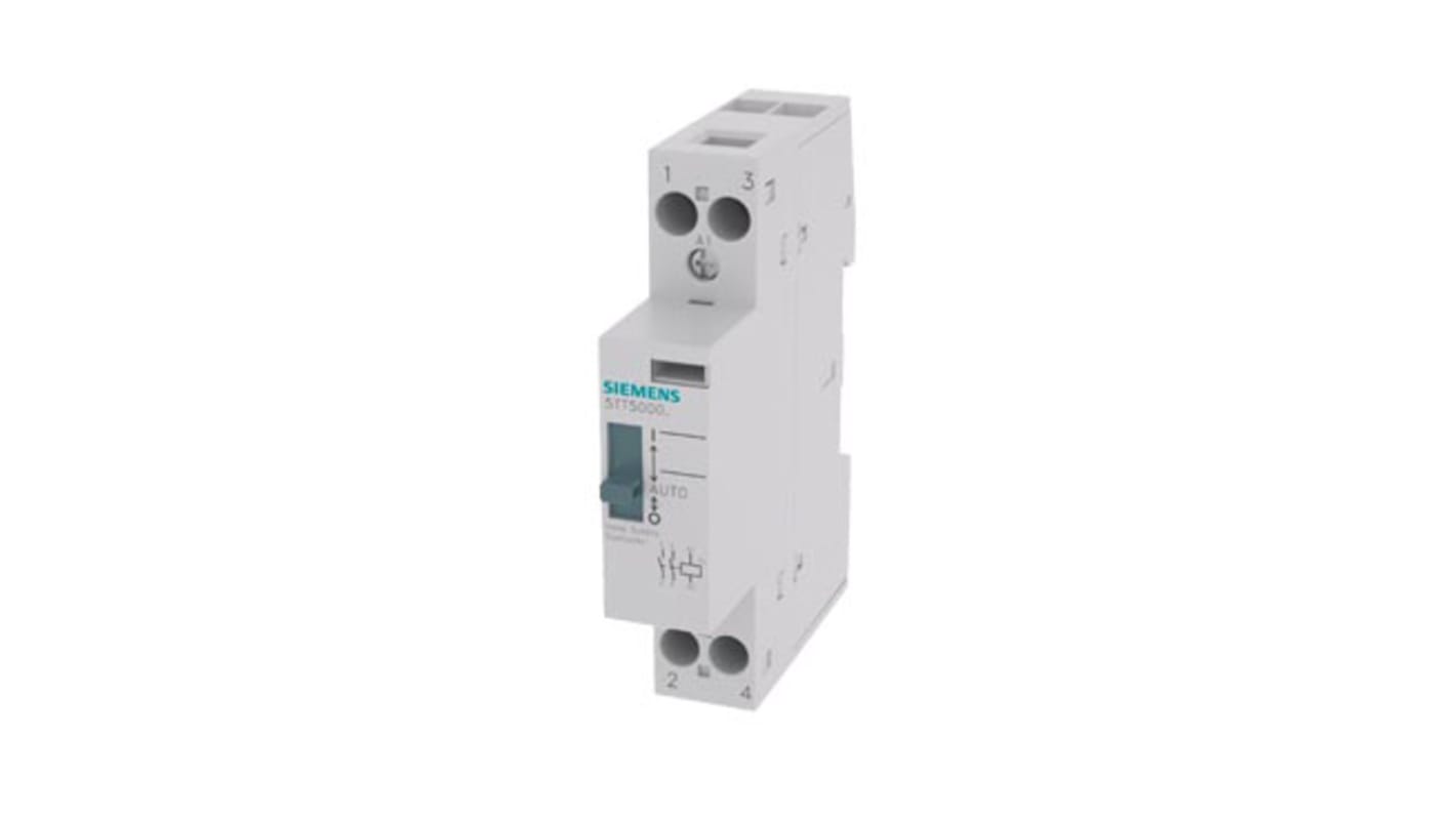 Contattore Siemens 5TT5000-6, 2 poli 2 NO, 20 A, bobina 230 V c.a., montaggio su guida DIN, dimensioni 17.5 mm x 90 mm x 74.6 mm.