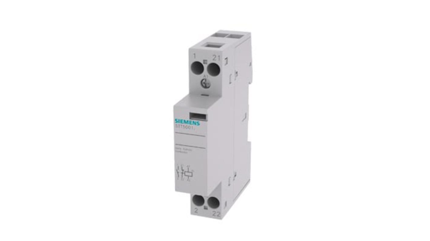 Contattore Siemens 5TT5001-0, 2 poli, 1 NO + 1 NC, 20 A, bobina 230 V c.a., montaggio su guida DIN, dimensioni 17.5 x 90 x 70.7 mm.