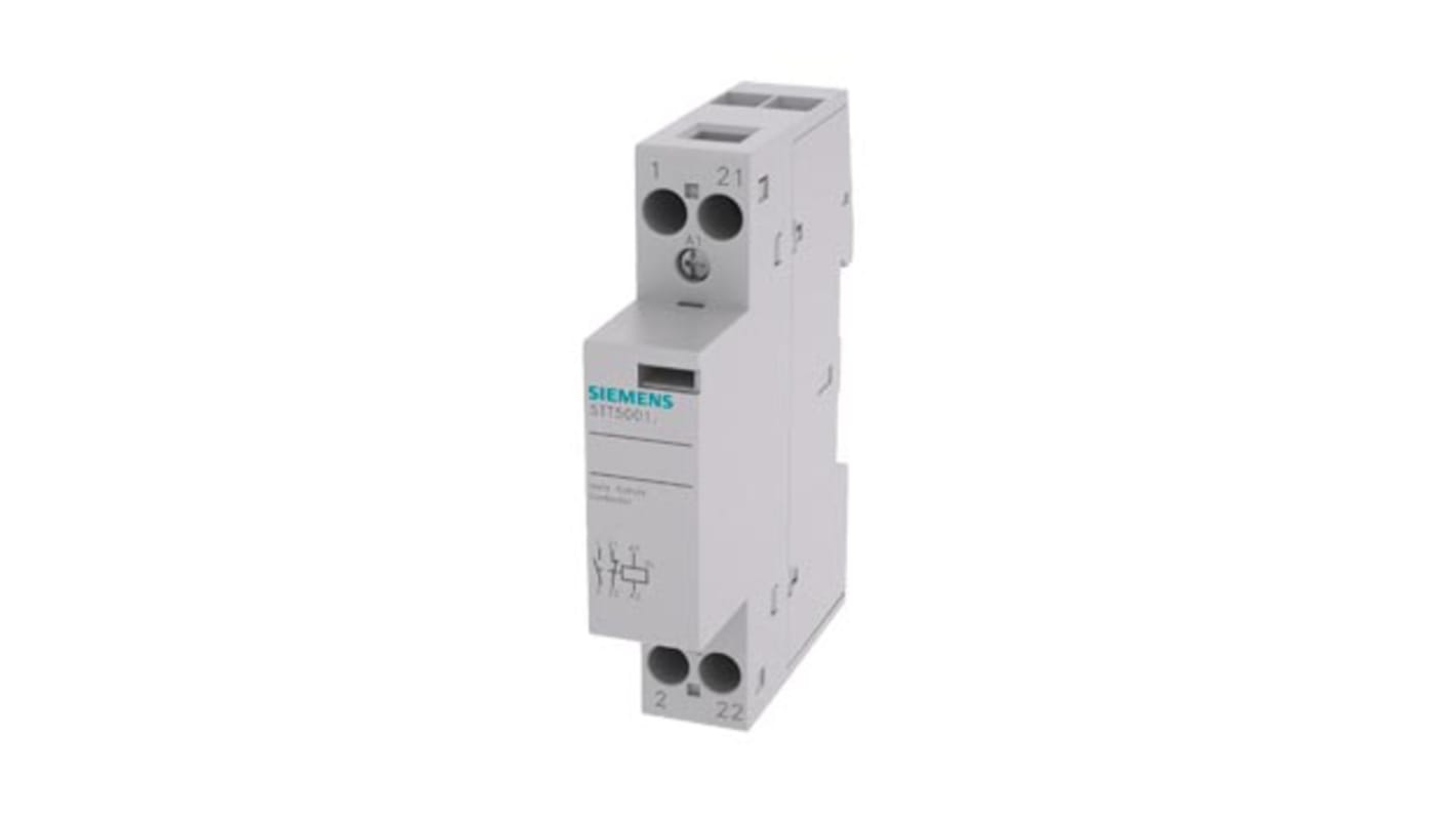 Contattore Siemens 5TT5001-2, 2 poli, 20 A, bobina 24 V c.c., montaggio su guida DIN, dimensioni 90 x 17.5 x 70.7 mm.