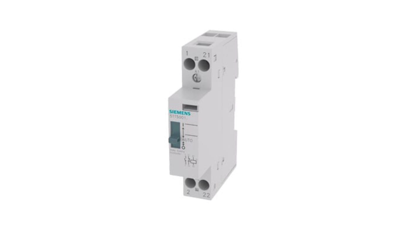 Contattore Siemens 5TT5001-8, 2 poli, 1 NO + 1 NC, 20 A, bobina 230 V c.a., montaggio su guida DIN, dimensioni 90x17.5x74.6 mm.