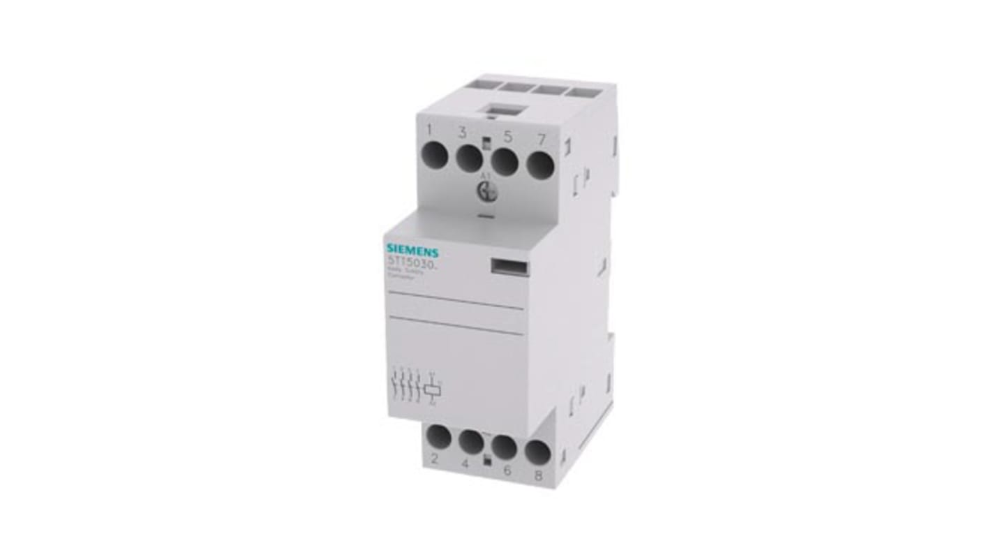 Contattore Siemens 5TT5030-1, 4 poli 4NO, corrente 24 A, tensione bobina 110 V, montaggio su guida DIN, dimensioni 35x90x70.7 mm.