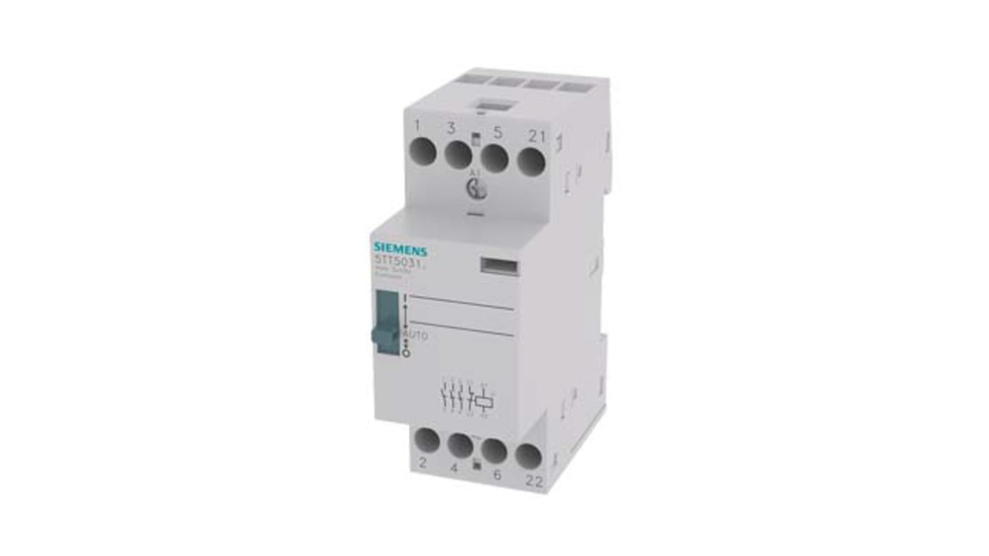 Contattore Siemens 5TT5031-8, 4 poli, 3NO + 1NC, 25 A, bobina 24 V, montaggio su guida DIN, dimensioni 35x90x74.6 mm.