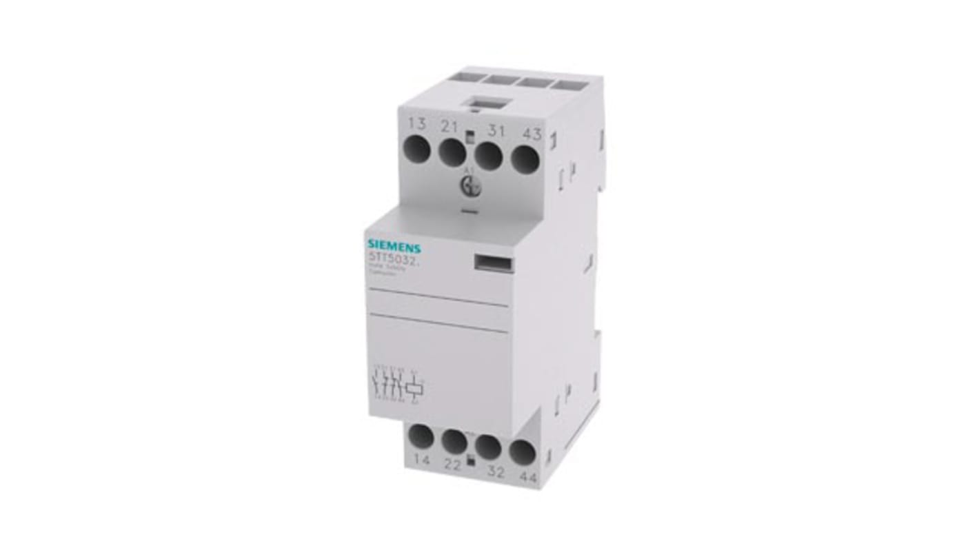 Contattore Siemens 5TT5032-2, 4 poli, 2 NO + 2 NC, 24 A, montaggio su guida DIN, dimensioni 90x35x70.7 mm.