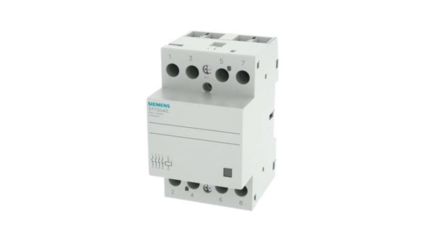 Contattore Siemens 5TT5040-2, 4 poli 4NO, 40 A, bobina 24 V, montaggio su guida DIN, dimensioni 53.5x90x70.7 mm.