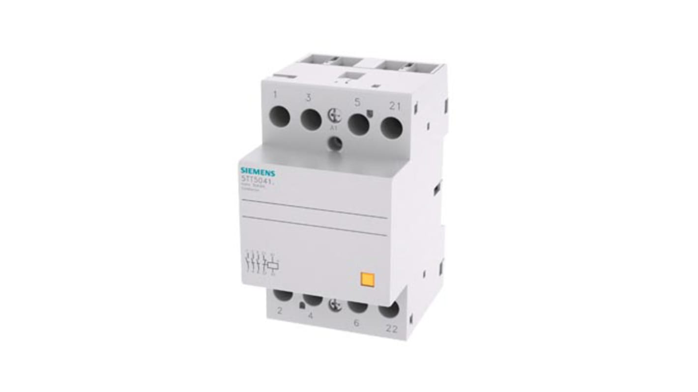 Contattore Siemens 5TT5041-2, 4 poli 3NO 1NC, 40 A, 24 V, montaggio su guida DIN, dimensioni 90x53.5x70.7 mm.