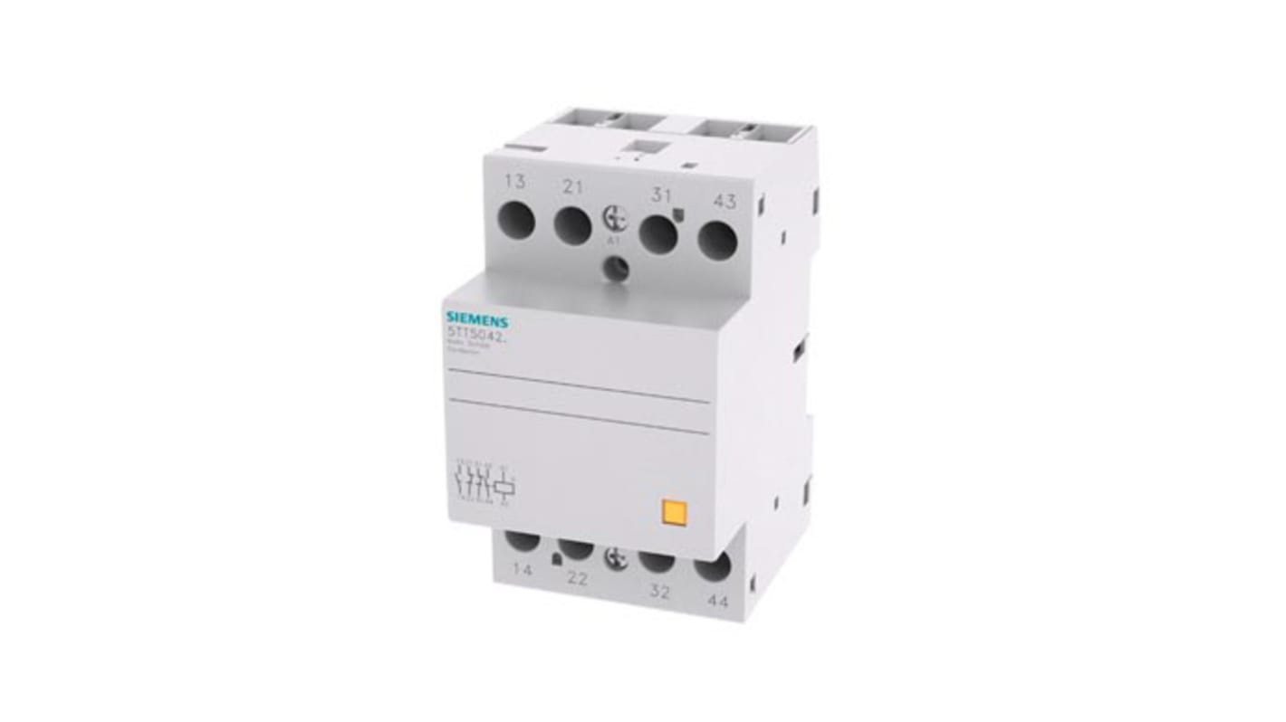 Contattore Siemens 5TT5042-2, 4 poli, 40 A, bobina 24 V, montaggio su guida DIN, dimensioni 53.5x90x70.7 mm.