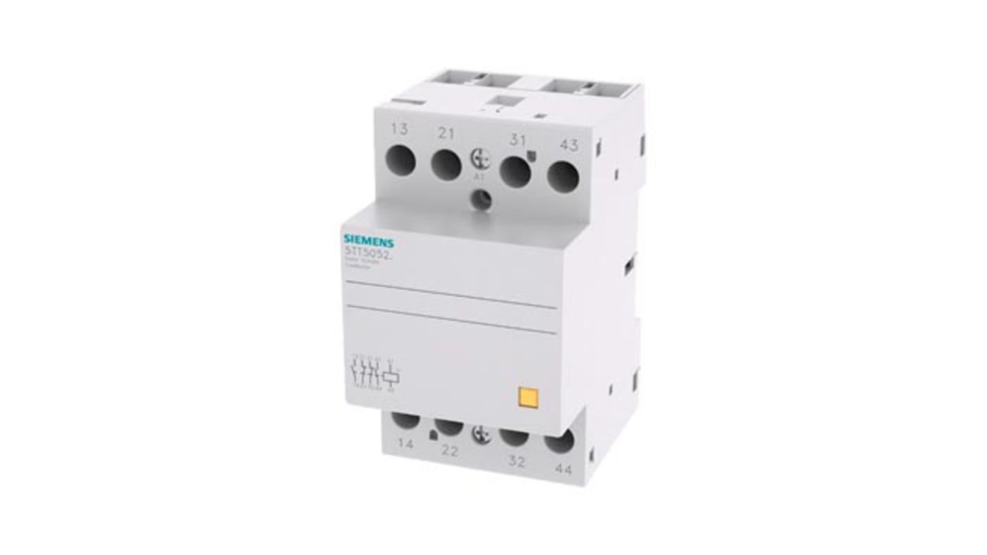 Contattore Siemens 5TT5052-2, 4 poli, 63 A, bobina 24 V, montaggio su guida DIN, dimensioni 53.5 x 90 x 70.7 mm.