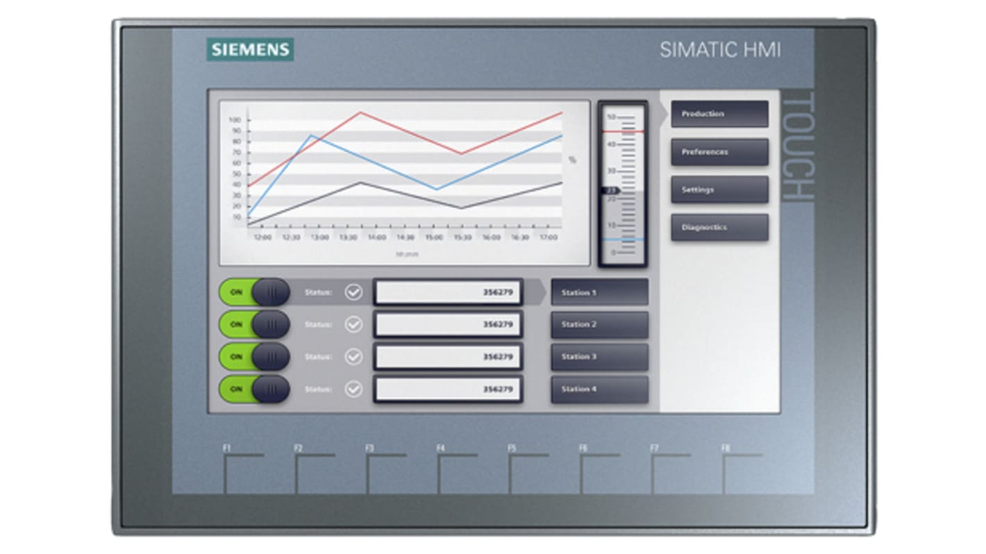 Touchscreen HMI Siemens 6AV2123-2JB03-0AX0 con display TFT 800x480 px, memoria 10 MB. Ideale per monitorare macchinari industriali.