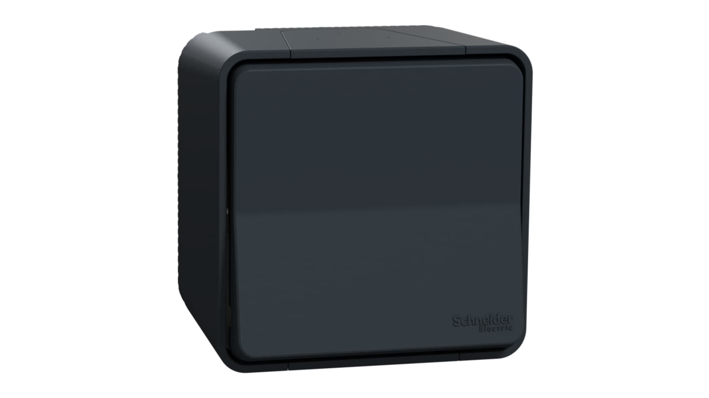 Interruttore luce grigio Schneider Electric MUR35021, montaggio superficiale, IP55, dimensioni forature 76x64 mm.