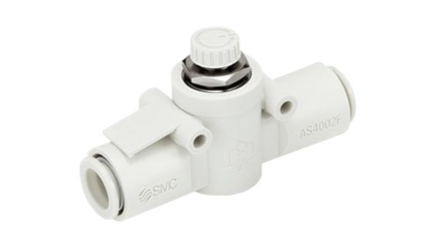 Regolatore di flusso SMC AS2002FS04, flusso massimo 4,6 SCFM, montaggio su guida DIN, raccordi one-touch, diametro tubo 4 mm.