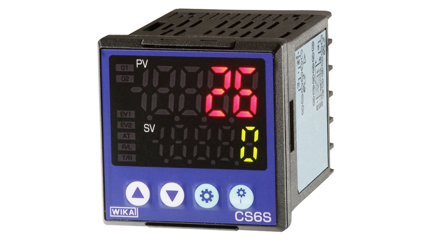 WIKA 14174707, termoregolatore PID 24 V, montaggio a pannello, dimensioni 48 x 96 mm, ingresso multifunzione, display LED.