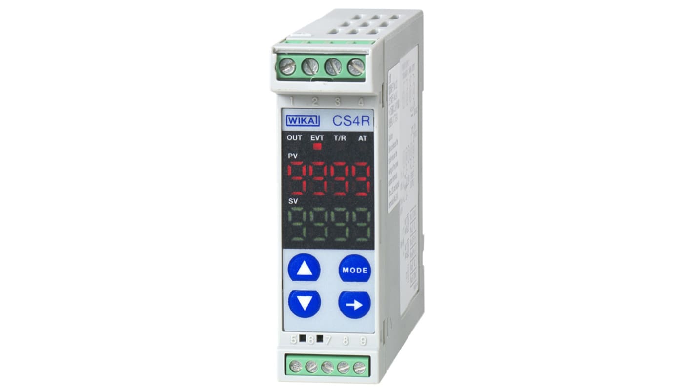 WIKA 12110698, termoregolatore PID digitale compatto, ingresso multifunzione, montaggio su guida DIN, dimensioni 100 x 22 mm.