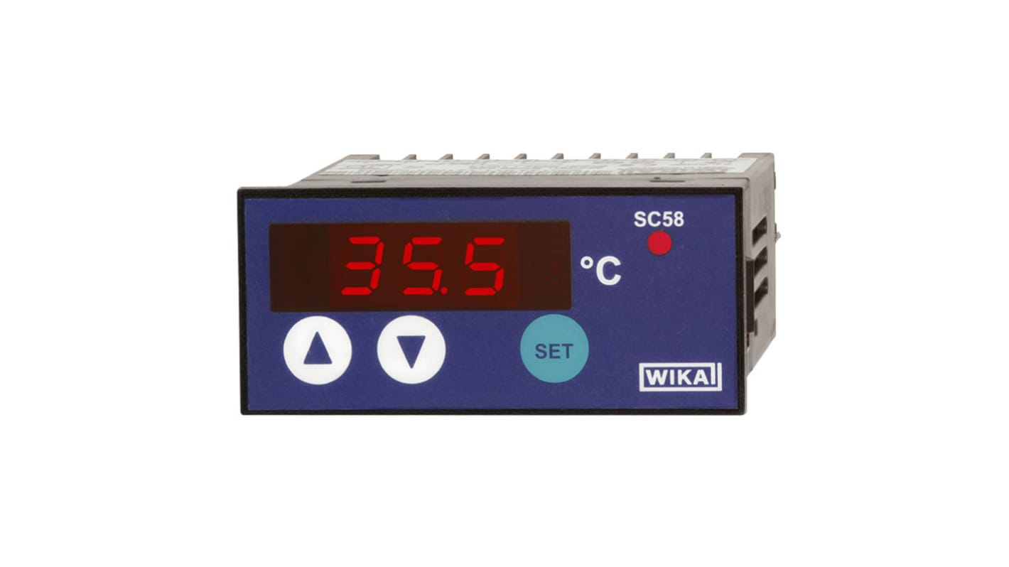 Termoregolatore PID WIKA 14054712, 230 V, montaggio a pannello, display LED rosso, gamma -50/+400 °C, dimensioni 62 x 28 mm.