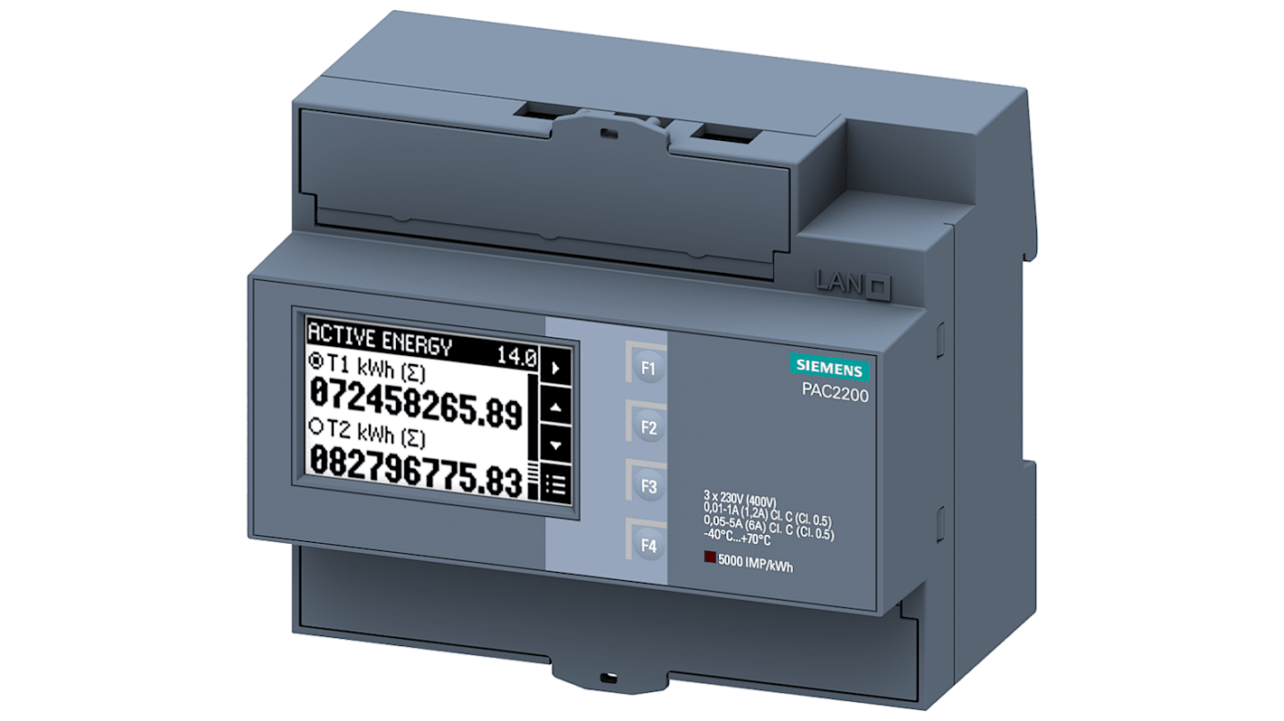 Contatore di energia Siemens 7KM2200-2EA30-1CA1, SENTRON PAC2200, 3 fasi, montaggio su guida DIN, display LCD, 480V, 65A.