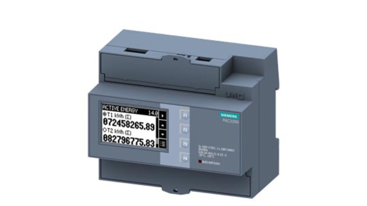 Contatore di energia Siemens 7KM2200-2EA30-1DA1, modello SENTRON PAC2200, trifase, montaggio su guida DIN, 90mm x 107.8mm x 71.4mm.