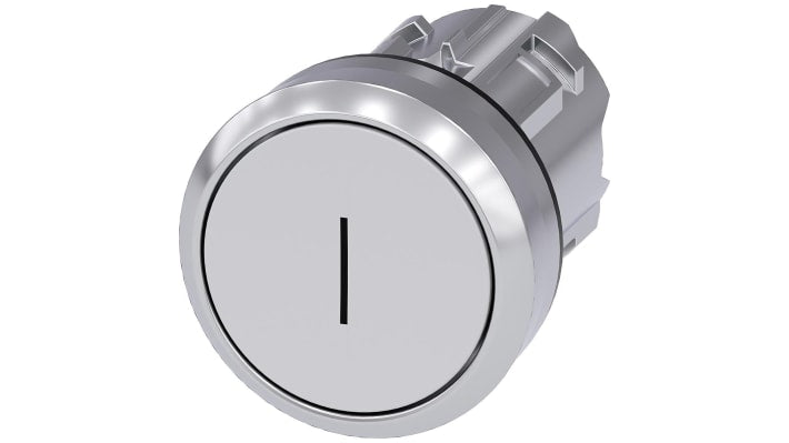 Pulsante instabile Siemens SIRIUS ACT, rotondo, 22 mm, metallo lucido bianco, contatto momentaneo, protezione IP66/IP67/IP69K.