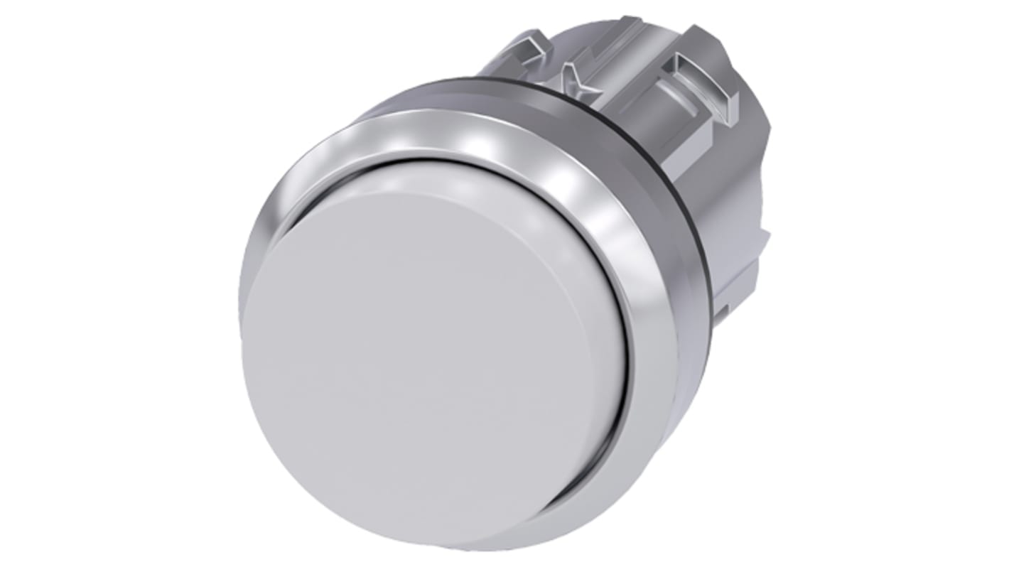 Pulsante instabile Siemens SIRIUS ACT, diametro 22 mm, corpo bianco lucido, anello metallico argento, grado di protezione IP66/IP67/IP69K.