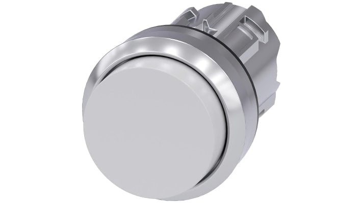 Pulsante instabile Siemens SIRIUS ACT, diametro 22 mm, corpo bianco lucido, anello metallico argento, grado di protezione IP66/IP67/IP69K.