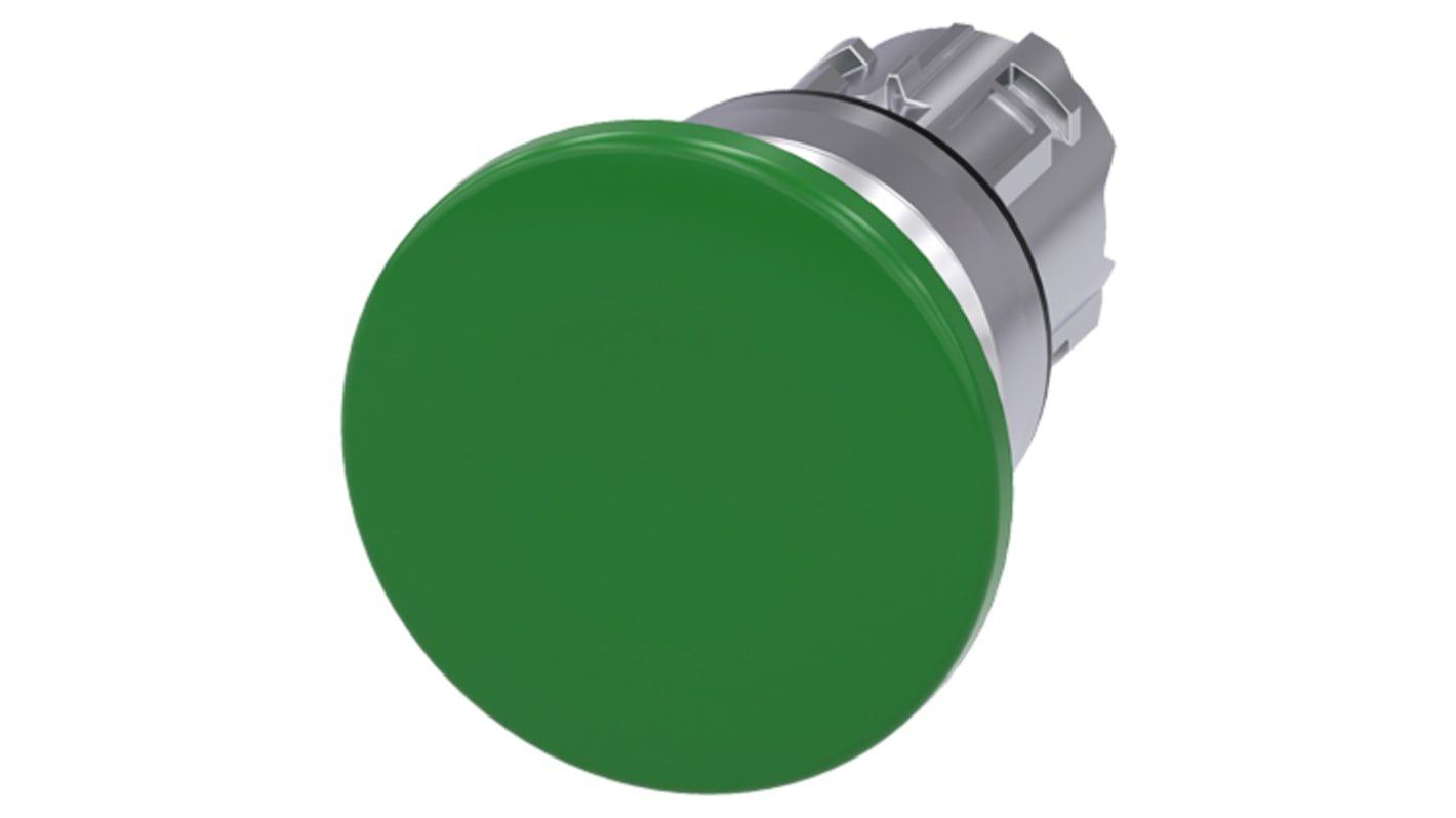 Pulsante instabile Siemens SIRIUS ACT, rotondo 22 mm, metallo lucido verde, protezione IP66/IP67/IP69K.