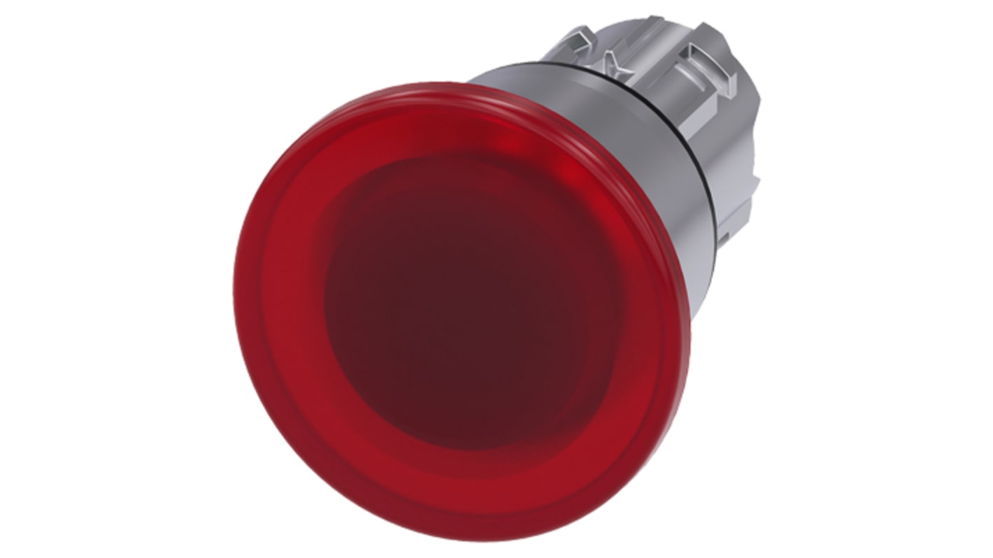 Pulsante a fungo illuminato Siemens SIRIUS ACT, diametro 22 mm, corpo rosso, attuazione ad aggancio, protezione IP66/IP69K.