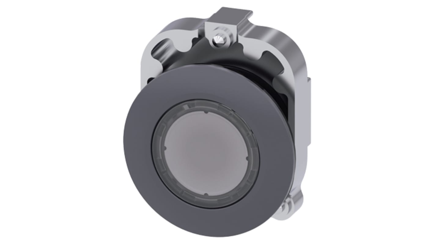 Pulsante instabile Siemens SIRIUS ACT, diametro 30 mm, corpo trasparente, anello metallico grigio, grado di protezione IP66/IP67/IP69K.