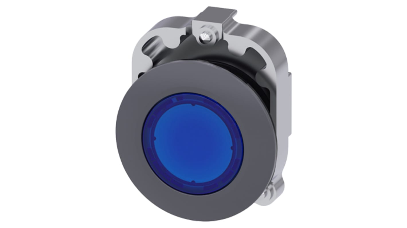 Spia Siemens SIRIUS ACT blu, montaggio a filo, diametro foro 30mm, protezione IP66/IP67/IP69K, anello frontale in metallo. Codice 3SU1061-0JD50-0AA0.