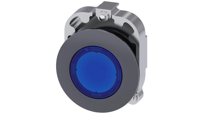 Spia Siemens SIRIUS ACT blu, montaggio a filo, diametro foro 30mm, protezione IP66/IP67/IP69K, anello frontale in metallo. Codice 3SU1061-0JD50-0AA0.