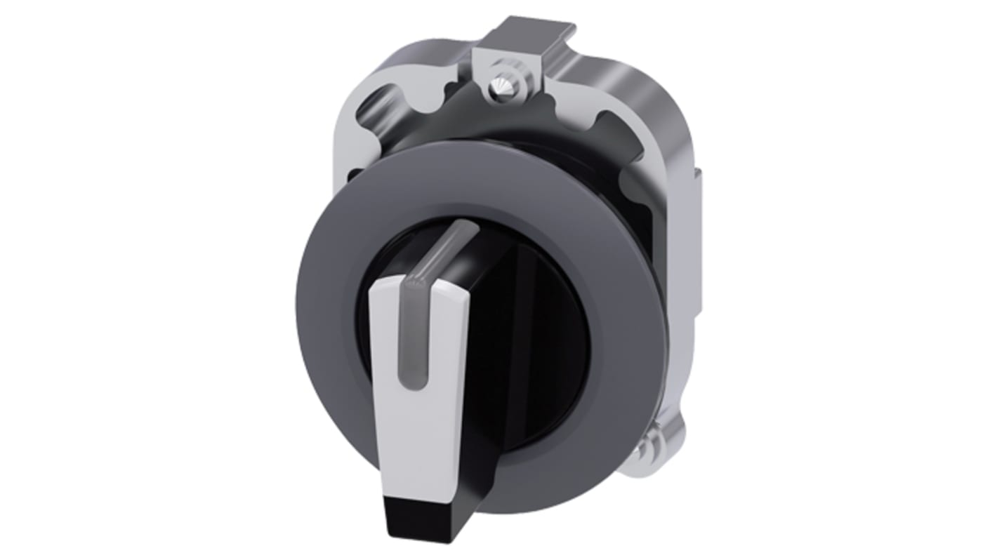 Selettore Siemens SIRIUS ACT a 3 posizioni, diametro foro 30mm, attuatore bianco, anello metallico grigio, grado di protezione IP66/IP67/IP69K.