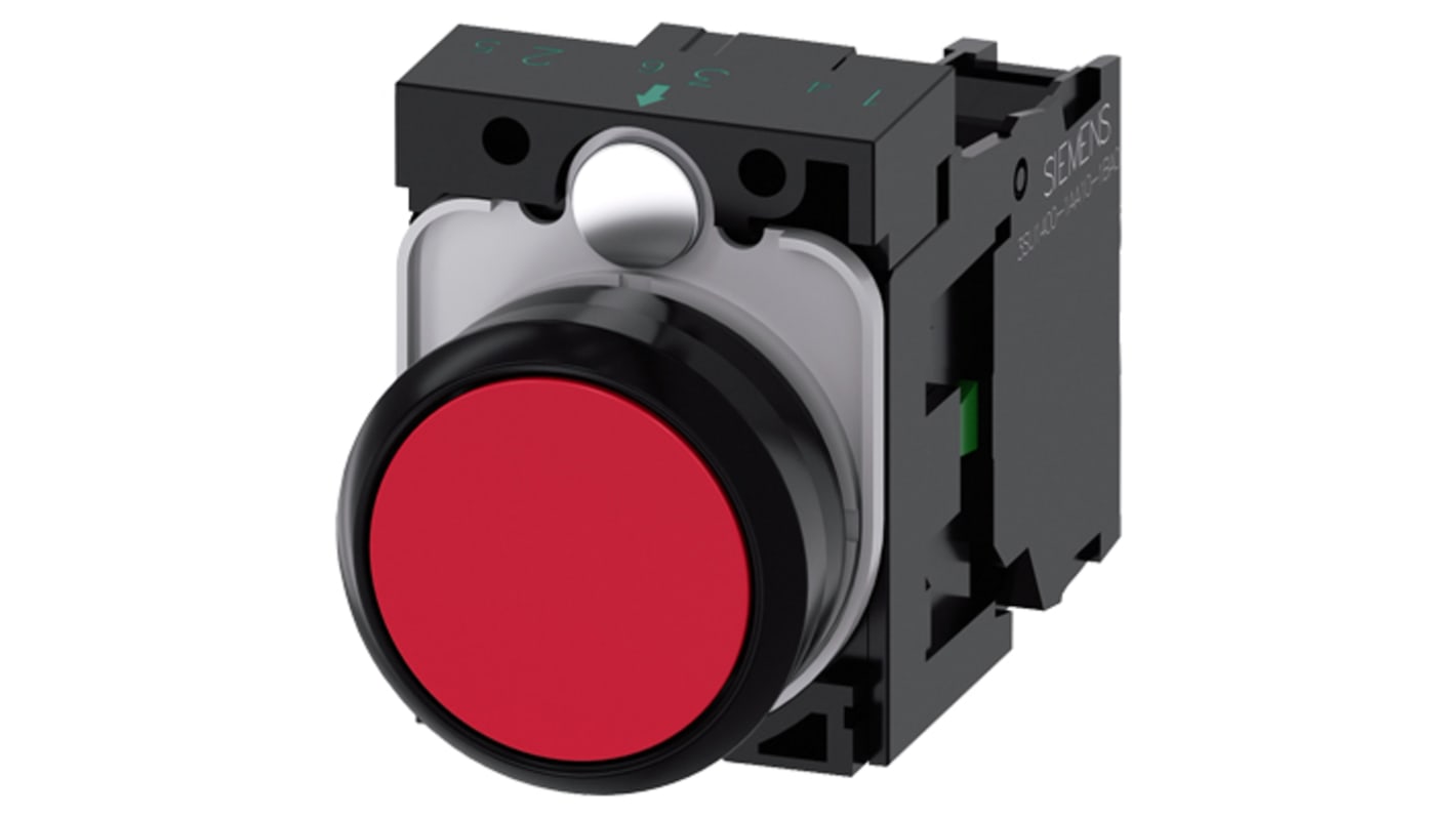 Pulsante Siemens SPST rotondo rosso, montaggio a pannello, diametro 22 mm, tensione massima 500V. Codice 3SU1100-0AB20-1BA0.