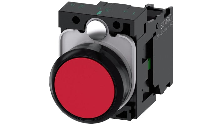 Pulsante Siemens SPST rotondo rosso, montaggio a pannello, diametro 22 mm, tensione massima 500V. Codice 3SU1100-0AB20-1BA0.
