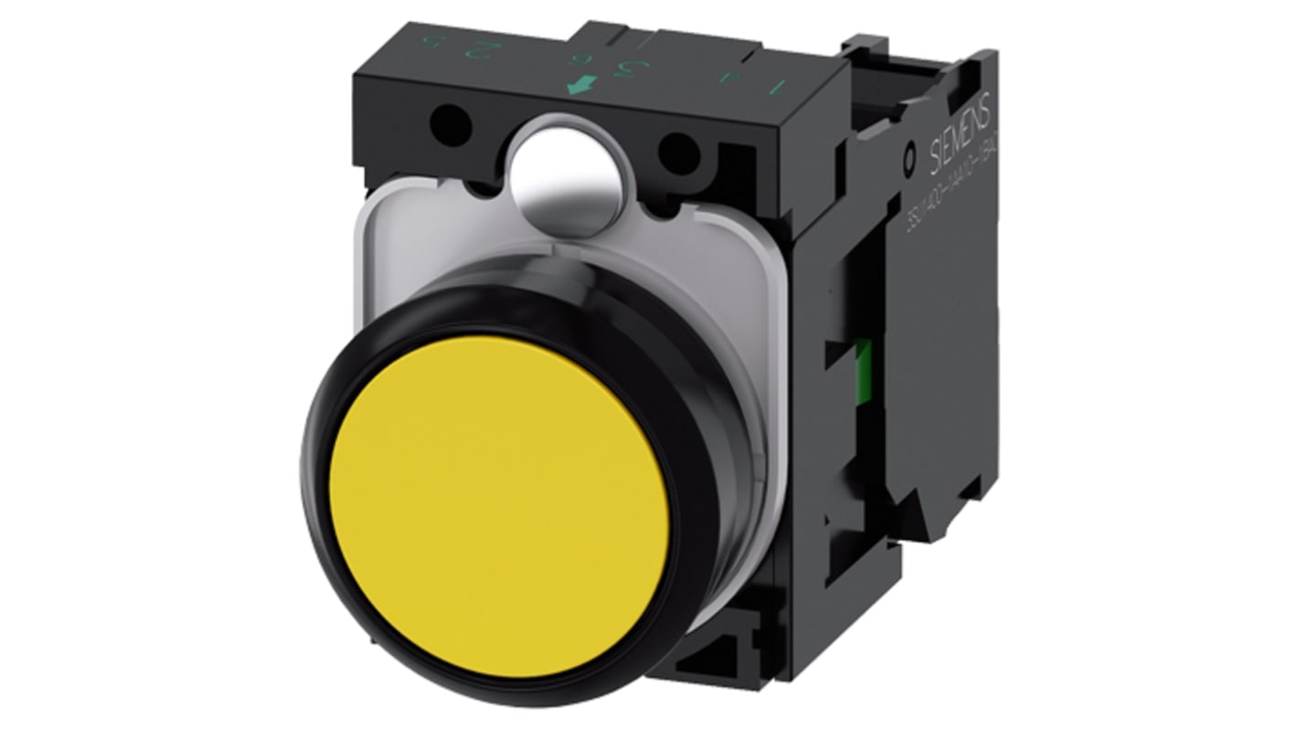 Pulsante rotondo giallo Siemens 3SU1100-0AB30-1BA0, montaggio a pannello, contatto SPST, diametro 29.45 mm.
