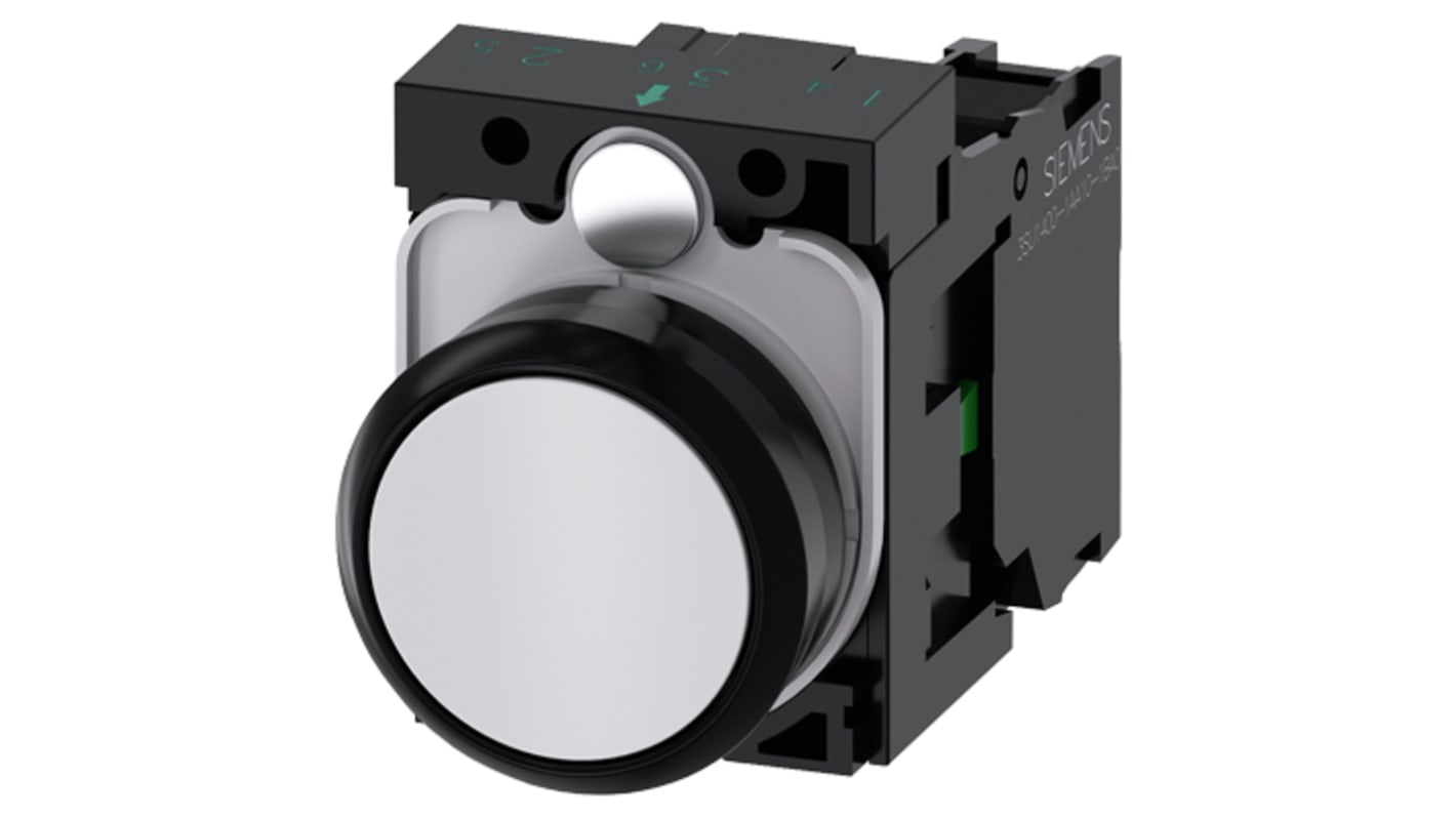 Pulsante Siemens SPST rotondo, montaggio a pannello, diametro 22 mm, colore bianco, contatto 1 NA, tensione 500V.